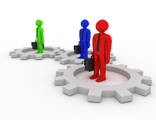 3d businessman with gears. teamwork concept. rendered illustration