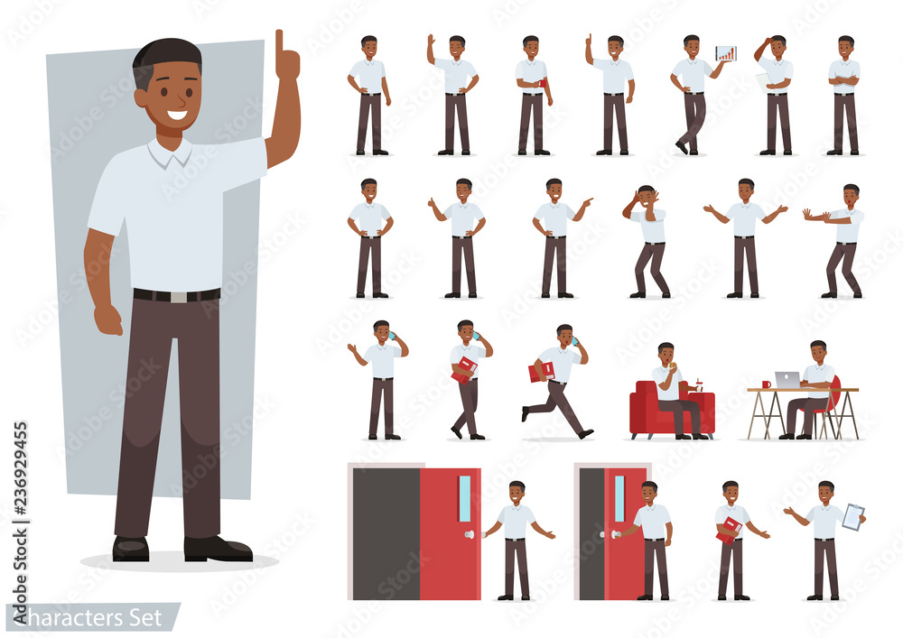 Poster set of man working in office and presentation in various action. no2