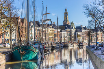Historic ships in the Hoge der aa canal of Groningen, Netherlands - obrazy, fototapety, plakaty