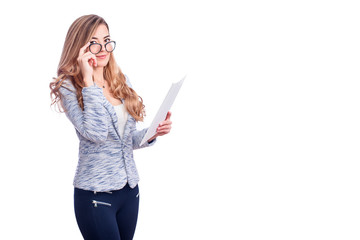 Smiling business woman, isolated on white background. Modern businesswoman in glasses with copy space