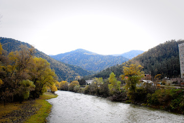 landscape with mountains trees and a river in front