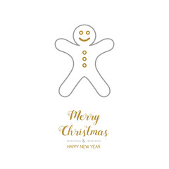 Merry Christmas and Happy New Year - card with hand drawn gingerbread cookie. Vector.