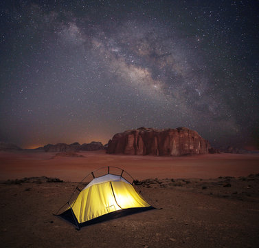 Camping under starry sky with Milky Way