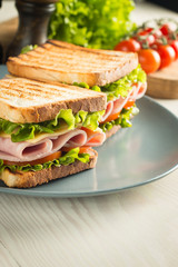 Close-up of two sandwiches with bacon, salami, prosciutto and fresh vegetables on rustic wooden cutting board. Club sandwich concept.