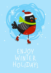Winter greeting card with cute bullfinch