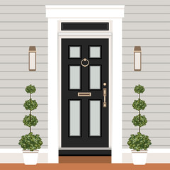 Obraz premium Drzwi domu z progiem i stopniami, okno, lampy, kwiaty, budynek elewacji wejściowej, wektor ilustracja projektu wejścia zewnętrznego w stylu płaski