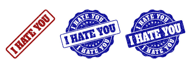 I HATE YOU grunge stamp seals in red and blue colors. Vector I HATE YOU overlays with grunge effect. Graphic elements are rounded rectangles, rosettes, circles and text tags.