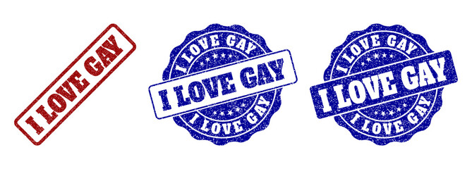 I LOVE GAY grunge stamp seals in red and blue colors. Vector I LOVE GAY labels with grunge style. Graphic elements are rounded rectangles, rosettes, circles and text labels.