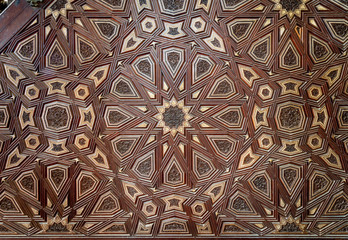Closeup of arabesque ornaments of old aged decorated minbar of Sultan al Nasir Muhammad ibn Qalawun...