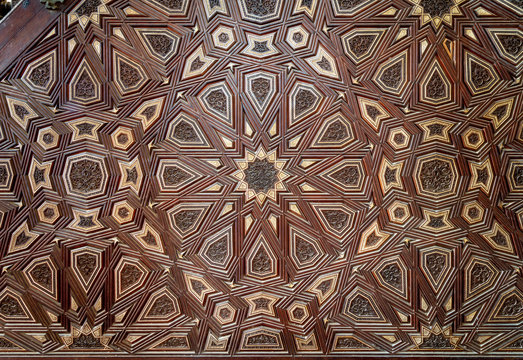 Closeup of arabesque ornaments of old aged decorated minbar of Sultan al Nasir Muhammad ibn Qalawun Mosque, Old Cairo, Egypt