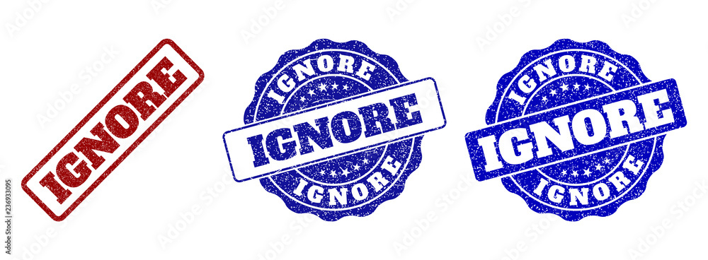 Poster ignore scratched stamp seals in red and blue colors. vector ignore labels with draft effect. graphic