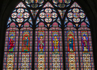 Colorful stained glass windows in  Basilique Saint-Urbain, 13th century gothic church in Troyes, France.