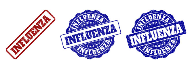 Fototapeta premium INFLUENZA scratched stamp seals in red and blue colors. Vector INFLUENZA imprints with scratced style. Graphic elements are rounded rectangles, rosettes, circles and text captions.