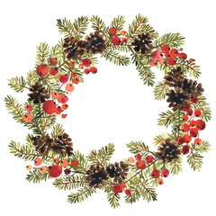 Fototapeta na wymiar Watercolor wreath of spruce with pine cones and holly berries for Christmas decoration