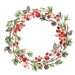 Watercolor Christmas wreath of fir tree branches, pine cones and holly berries - 236934469