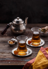 Two cup of turkish tea, close view selective focus