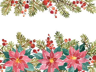 Deurstickers Watercolor Christmas arrangement of poinsettia, spruce and holy berries © IMR