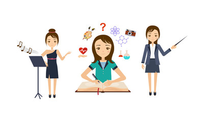 Women of different professions set, singer, scientist, teacher vector Illustration on a white background