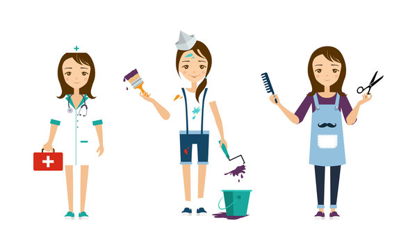 Women of different professions set, doctor, painter, hairdresser vector Illustration on a white background