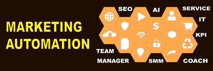 MARKETING AUTOMATION Panoramic Hi tech banner with hexagons icons and tags