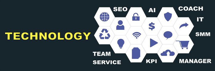 TECHNOLOGY Panoramic Hi tech banner with hexagons icons and tags