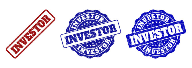 INVESTOR grunge stamp seals in red and blue colors. Vector INVESTOR imprints with grunge texture. Graphic elements are rounded rectangles, rosettes, circles and text captions.