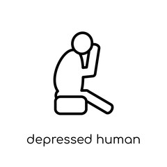 depressed human icon. Trendy modern flat linear vector depressed human icon on white background from thin line Feelings collection