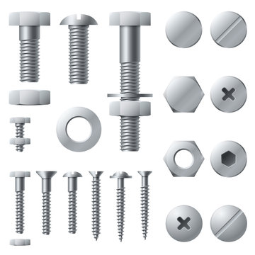 Metal screws. Bolt screw nut rivet head steel construction elements. Realistic bolts isolated vector set
