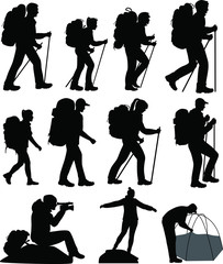 Collection of silhouettes of mans and womans in hike