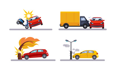 Car accidents, cars involved in a car wreck flat vector Illustration on a white background