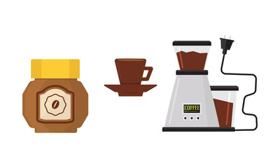 Flat vector icon of coffee maker, cup on saucer and jar of coffee beans. Kitchen appliance. Modern electric device
