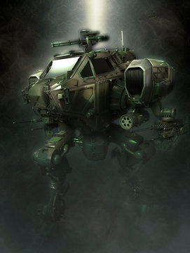 Military robot.3d illustration on a fantastic dark background.