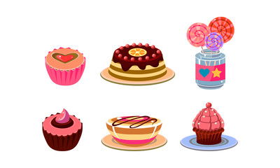 Flat vector set of different sweets. Tasty cupcakes, jelly, cake and lollipops in glass jar. Delicious desserts