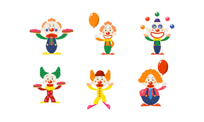 Fototapeta na wymiar Flat vector set of clowns in different actions. Funny cartoon characters makeup on faces. Circus artists