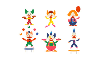 Flat vector set of clowns in different actions. Circus artists in colorful wigs. Funny cartoon characters