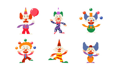 Flat vector set of 6 funny clowns in different actions. Circus artists with colorful wigs and makeup on faces