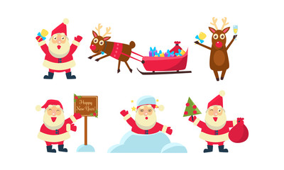 Flat vector set of colorful Christmas icons. Funny Santa Claus and reindeer. Snow, sleigh with gifts