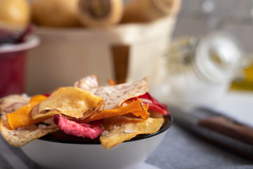 Mix of root vegetable chips made of sweet potato,beetroot, parsnip,manioc and taro.