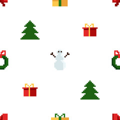 Colorful Pixel Pattern with Christmas Elements. Atcade games style