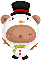 A vector of cute little bear using snowman costume for christmas celebration