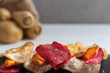 Mix of root vegetable chips made of sweet potato,beetroot, parsnip,manioc and taro.