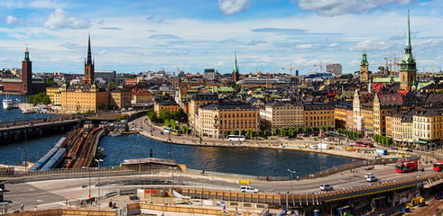 Panoramic view of Old Town (Gamla Stan) in Stockholm, Sweden in a summer.