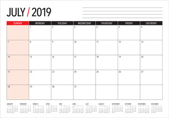 July 2019 desk calendar vector illustration