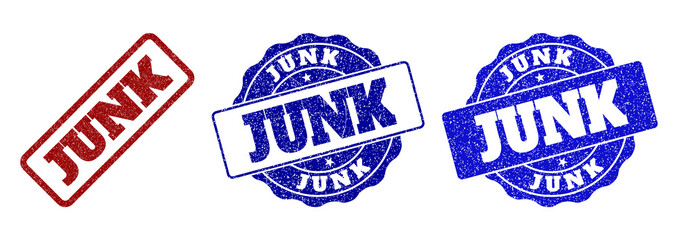 JUNK grunge stamp seals in red and blue colors. Vector JUNK signs with dirty texture. Graphic elements are rounded rectangles, rosettes, circles and text labels. Designed for rubber stamp imitations.