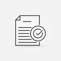 Document with check mark outline icon. Vector document verification concept symbol or design element in thin line style