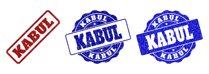 KABUL grunge stamp seals in red and blue colors. Vector KABUL overlays with grunge effect. Graphic elements are rounded rectangles, rosettes, circles and text tags.