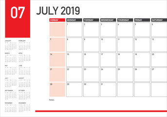 July 2019 desk calendar vector illustration