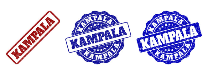 KAMPALA scratched stamp seals in red and blue colors. Vector KAMPALA labels with scratced surface. Graphic elements are rounded rectangles, rosettes, circles and text labels.
