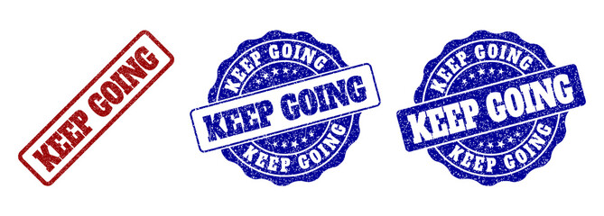 KEEP GOING grunge stamp seals in red and blue colors. Vector KEEP GOING overlays with grunge effect. Graphic elements are rounded rectangles, rosettes, circles and text labels.