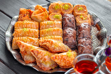Traditional Baklava on Wooden Table